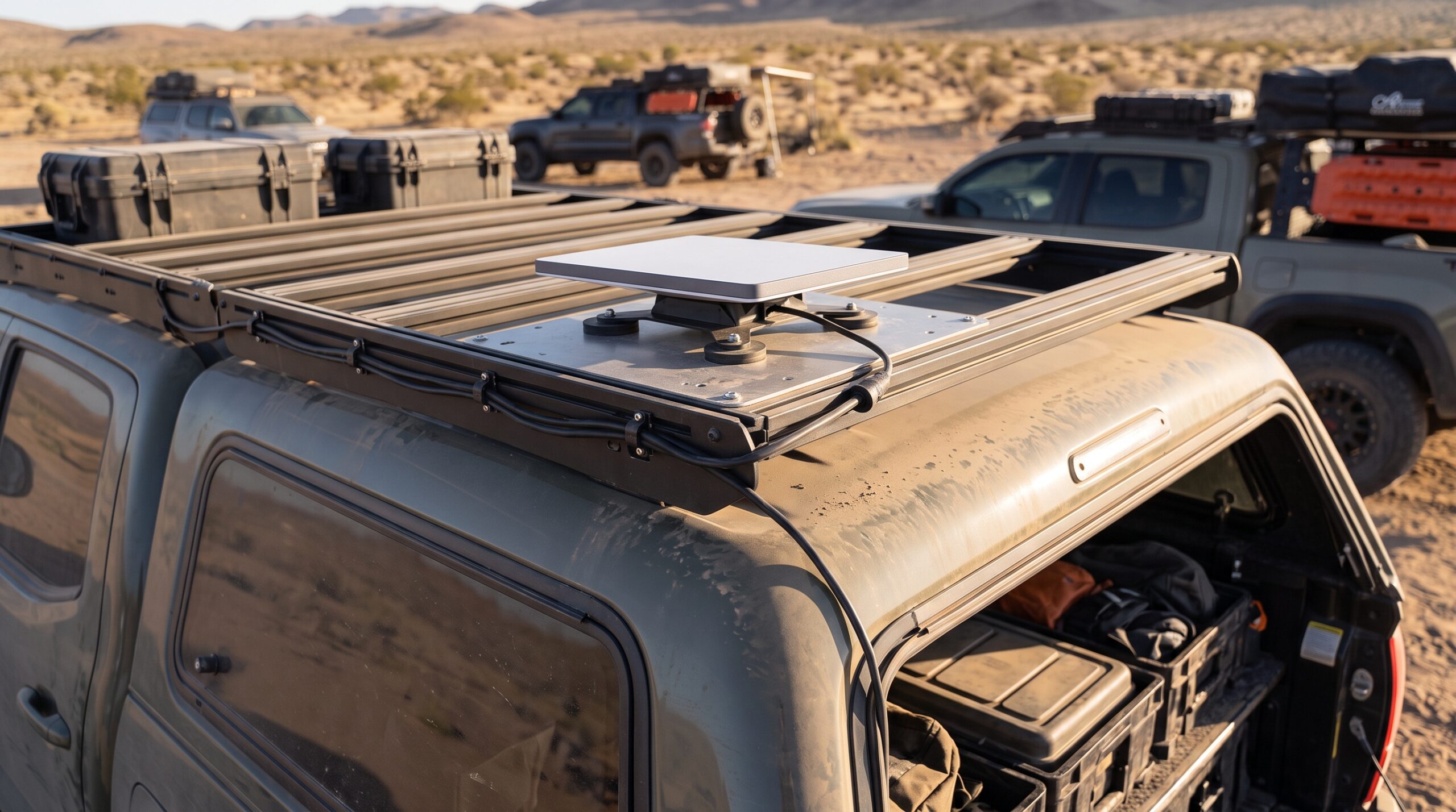 Starlink Mini dish mounted on a truck roof with a magnetic flat mount, cable running down to the cargo area at a desert overlanding campsite