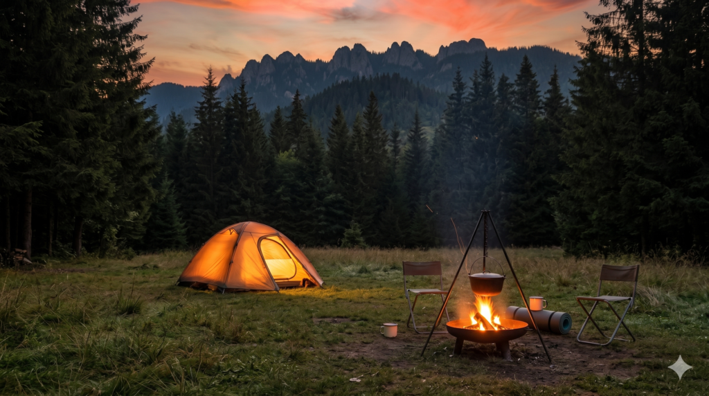 Eco-friendly outdoor gear flatlay including reusable water bottle, recycled backpack, and solar lantern for sustainable camping in 2026