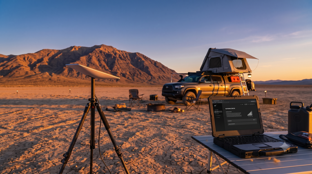 Starlink Mini satellite dish mounted on a tripod at a desert overlanding campsite at golden hour, with a laptop showing an active connection and a truck with rooftop tent in the background