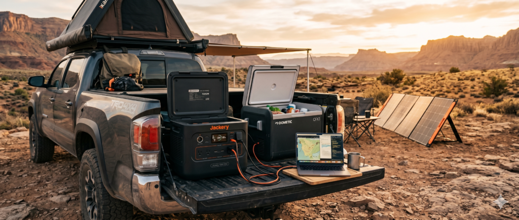 Jackery portable power station and Dometic 12V fridge running off-grid on a truck tailgate during an overlanding trip at sunset, with solar panels and a rooftop tent in the background