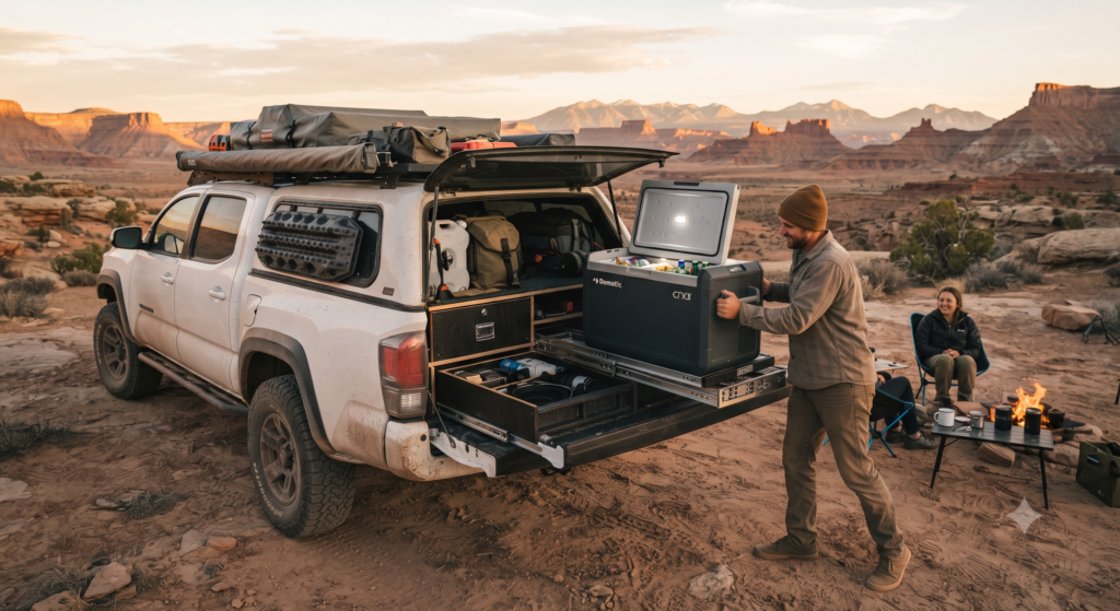 Front Runner fridge slide extended from a truck bed with a 12V fridge accessible at the tailgate, organized DECKED drawer system visible below, at a desert overlanding campsite