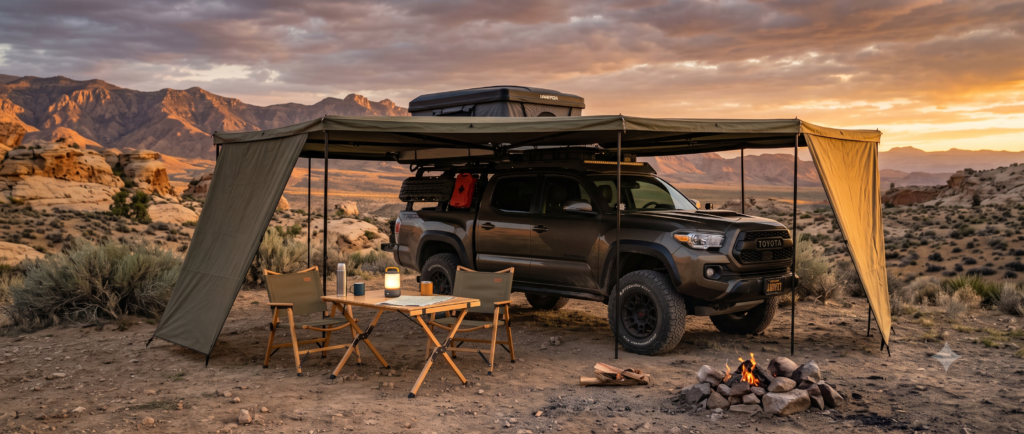 4x4 truck with a 270-degree wraparound awning deployed, camping chairs and table set up in the shaded living space at a desert overlanding campsite